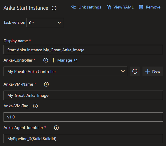 Image of the settings for the Anka start task